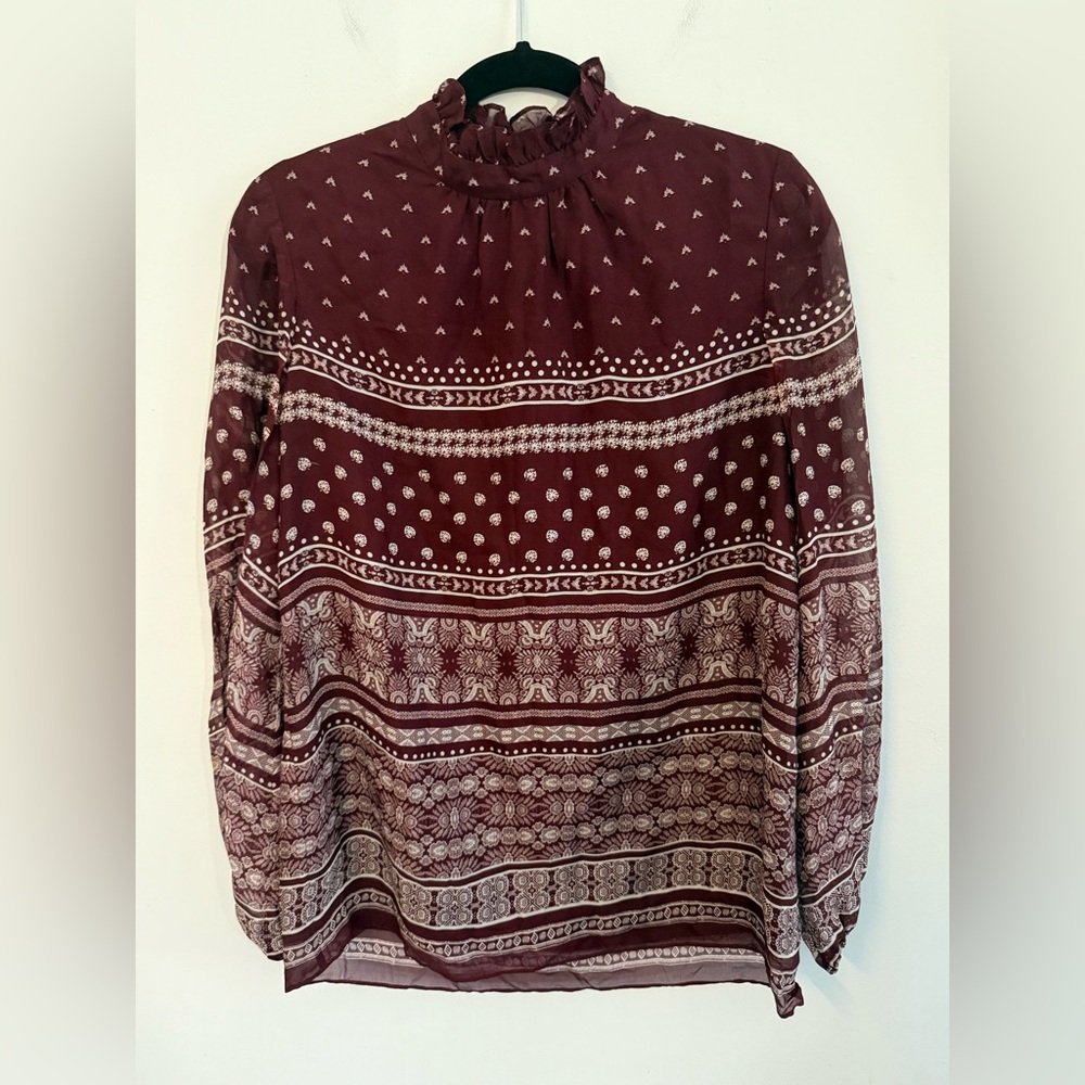 Shoshanna Burgundy Patterned Silk Blouse High Neck